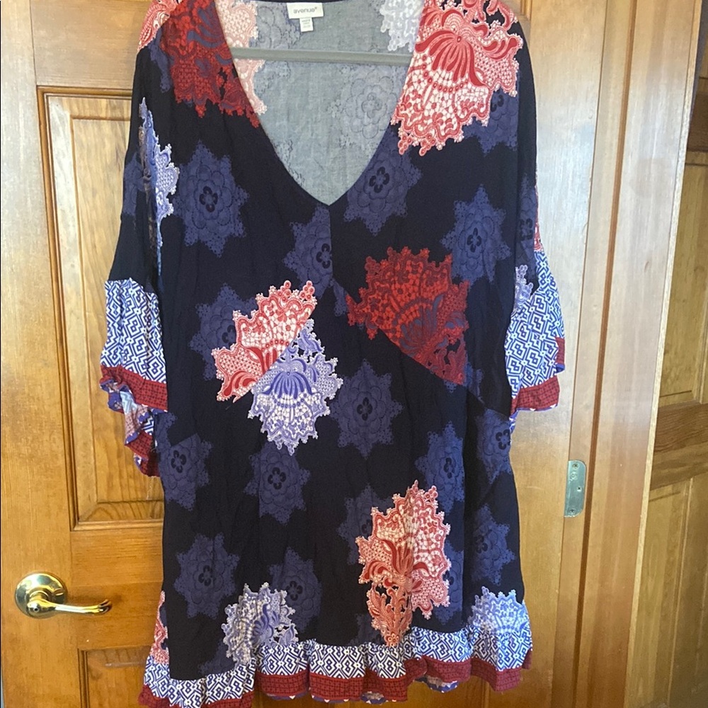 Avenue Pink and Red Graphic Ruffled Tunic